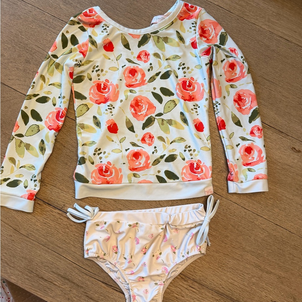 SweetHoney Floral Kids Swim Rashguard Set - Pink and Green